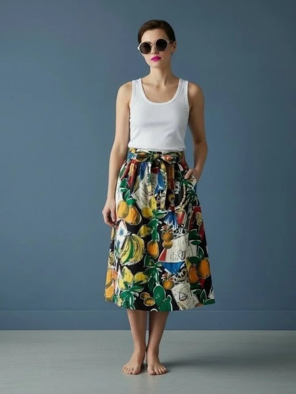 NWOT J Crew button up full skirt with tie in cotton postcard print
